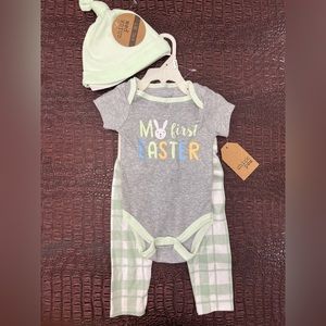 NWT BABY my first Easter 3 piece onesie pants hat set green gray 0 3 months mos